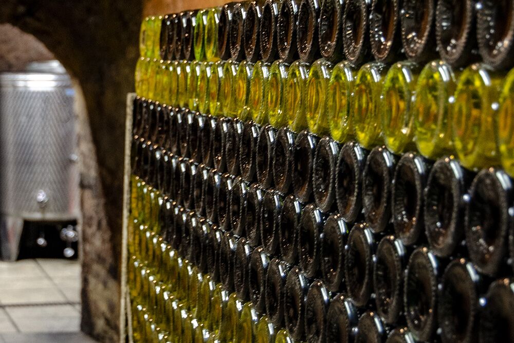 Weinflaschen im Keller vom Weingut Gass